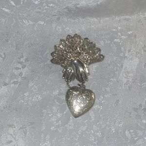 Victorian Revival Silver Toned Heart and Hands Brooch